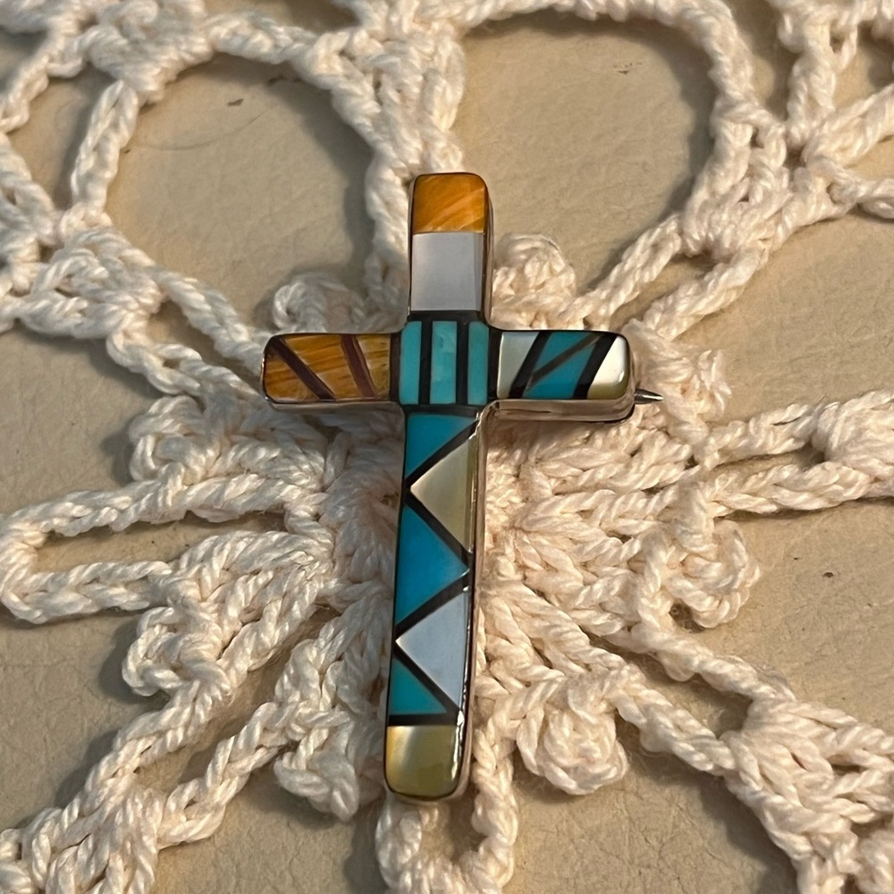VTG Sterling Silver Southwestern Zuni Style Inlay Cross Pendant Brooch 1.5”